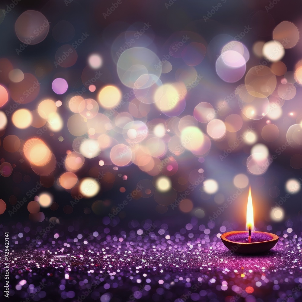 Glowing Diya on Sparkling Surface With Blurred Lights in Background Glowing Diya on Sparkling Surface With Blurred Lights in Background