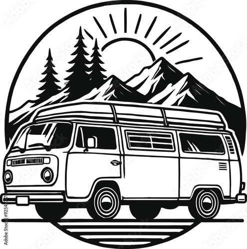 Retro van and trees on the background illustration.