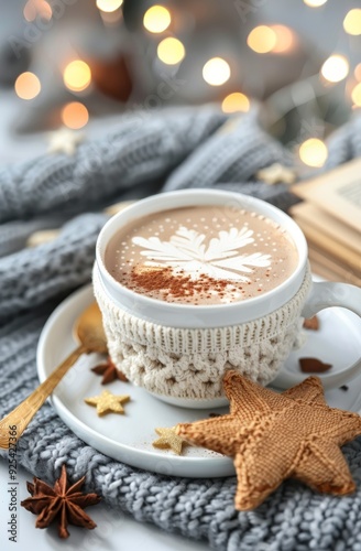 Warm Cocoa With Milk Foam and Decorative Stars on a Cozy Blanket During Winte...