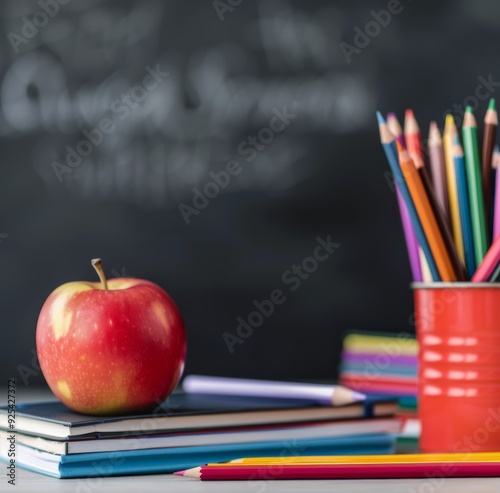 Colorful Pencils and Red Apple on Stacked Books Before Chalkboard