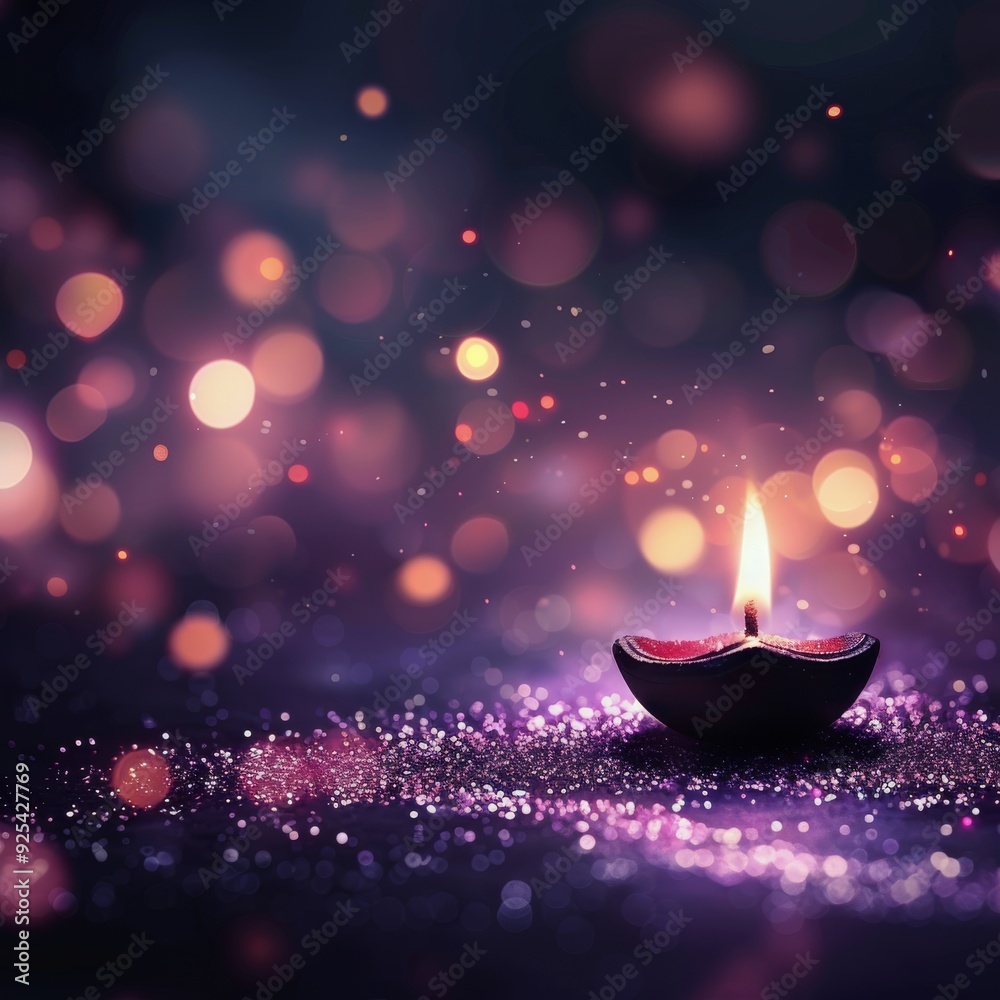 Glowing Diya on Sparkling Surface With Blurred Lights in Background Glowing Diya on Sparkling Surface With Blurred Lights in Background