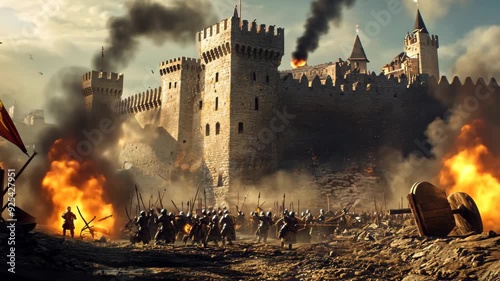 Medieval castle siege with soldiers attacking fortress, intense battle scene with fire and destruction