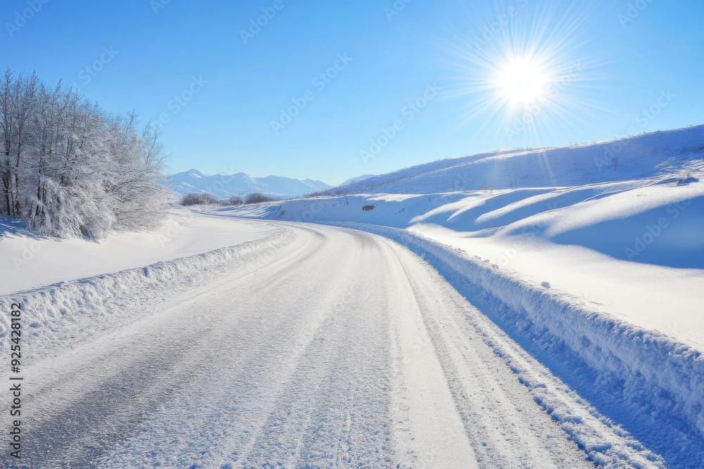 A serene snow-covered mountain road under a bright blue sky with the sun shining brightly. A serene snow-covered mountain road under a bright blue sky with the sun shining brightly.