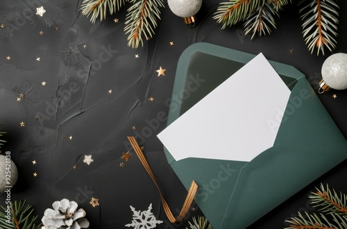 Festive Green Envelope With Pine Sprig Surrounded by Holiday Decorations on D...