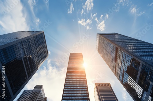 Sunlight Shining Down Between Skyscrapers in Urban Setting