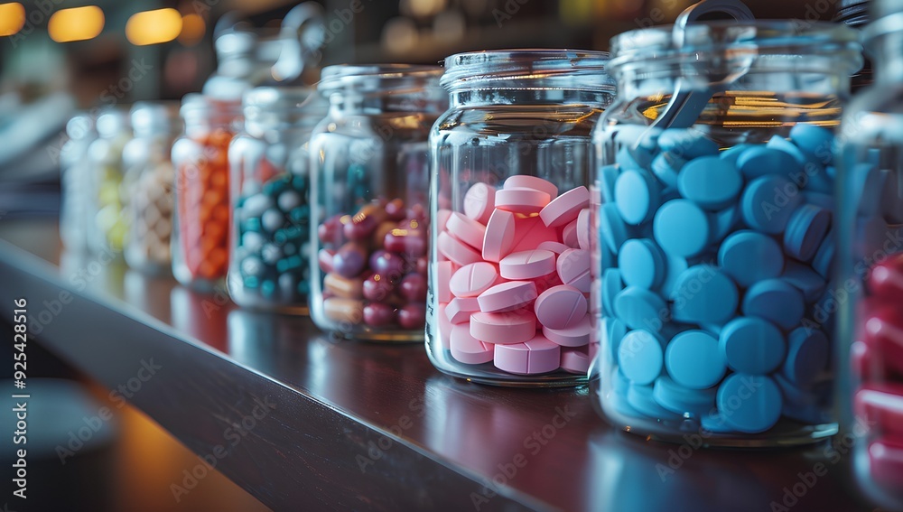a row of glass jars lined up on a shelf. Each jar is filled with different colored candies or pills a row of glass jars lined up on a shelf. Each jar is filled with different colored candies or pills