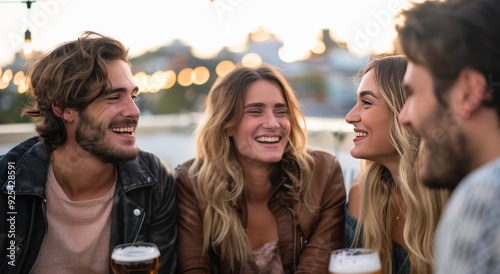 Friends Enjoying Drinks at Sunset With Festive Lights