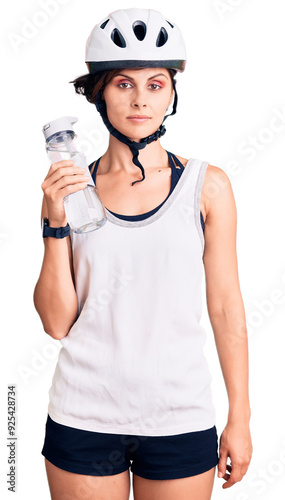 Beautiful young woman with short hair wearing bike helmet and holding water bottle thinking attitude and sober expression looking self confident