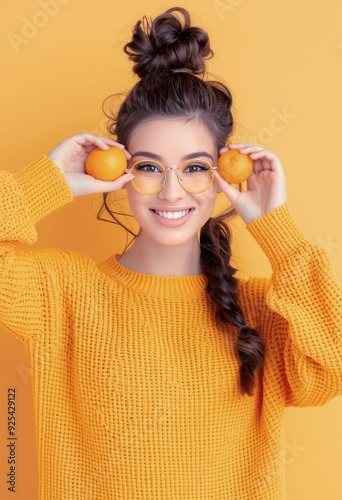 Young Woman in Yellow Sweater Holding Oranges Against Bright Yellow Background