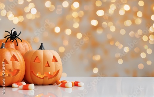 Halloween Decorations With Orange Pumpkins and Candy on a Table