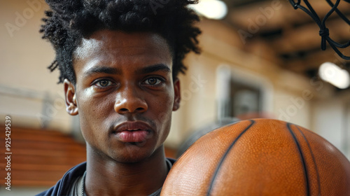 Close up of person holding basketball in front of his face. photo