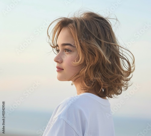 Young Woman With Curly Hair Posing Against a Light Background