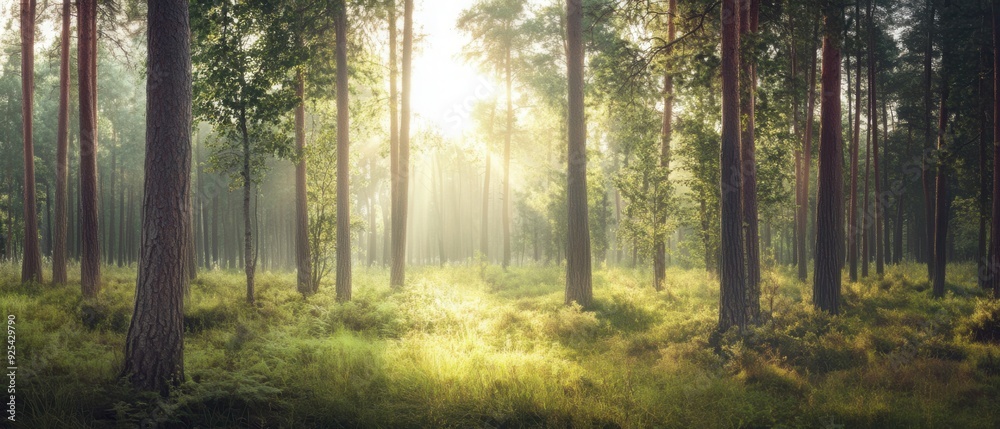 Fototapeta premium A serene forest scene bathed in sunlight with tall trees and lush greenery, creating a peaceful and enchanting atmosphere.