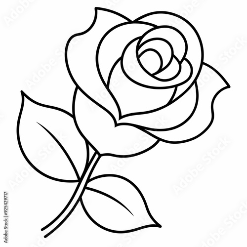 Simple outline vector illustration of rose flower with leaves clipart