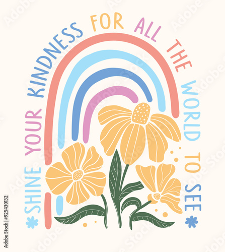 Cute daisy flower vector.Daisy flowers for graphic tee t shirt. Positive slogan illustration.Retro design for cards, kids print, poster, decoration etc.Pastel rainbow graphic.