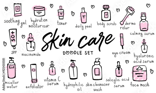 Skin care doodle set. Vector hand drawn collection of bottles and tubes, facial cosmetics icons