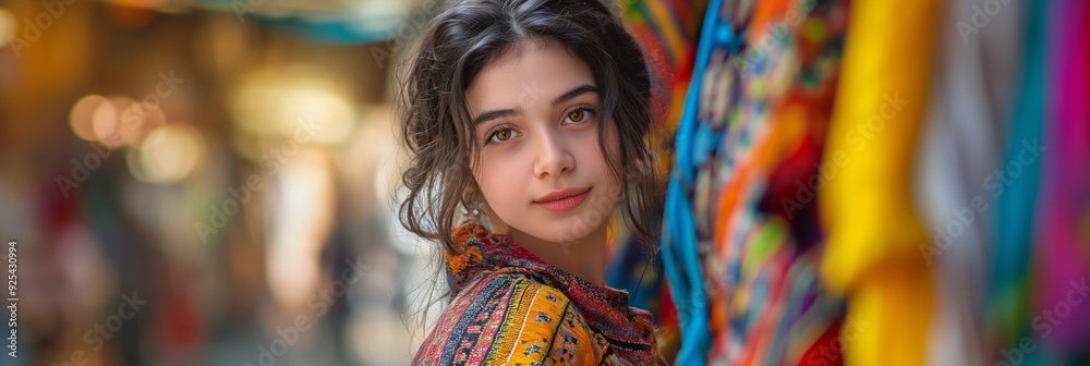 A girl with a gentle smile in colorful attire stands in a lively market, reflecting youthfulness and the vibrancy of local culture. A girl with a gentle smile in colorful attire stands in a lively market, reflecting youthfulness and the vibrancy of local culture.