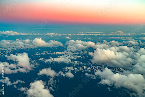 Fototapeta Naklejka Na Ścianę i Meble -  aerial view of snow mountain range in sunrise light