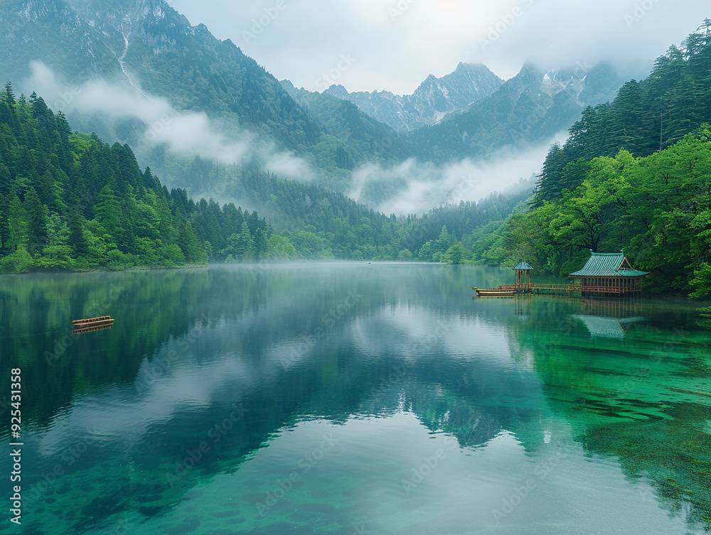 Naklejka premium serene mountain lake at dawn with mist over crystal-clear waters
