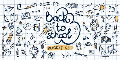 Back to school doodle hand drawn elements, vector set. School supplies and creative elements isolated on checkered background, school notebook. Cute illustration sketches, line stickers.