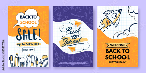 Vector set of back to school banners, flyers. Colorful posters with doodle drawings of school supplies, paper planes and clouds. Back to school sale web ad banner, cover templates, education concept