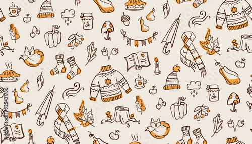 Autumn doodle hand drawn pattern. Cute seamless illustration of fallen leaves, mushrooms, fruits, clothing, berries and other creative elements. Sketches, vector line stickers.