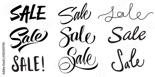Vector set of handwritten sale signs, logos inscriptions. Isolated hand lettering text elements. Brush calligraphing for marketing banners, posters, promotions