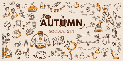 Autumn doodle hand drawn set of elements. Cute illustration of fallen leaves, mushrooms, fruits, clothing, animals, decorative frames and other creative elements. Sketches, vector line stickers.