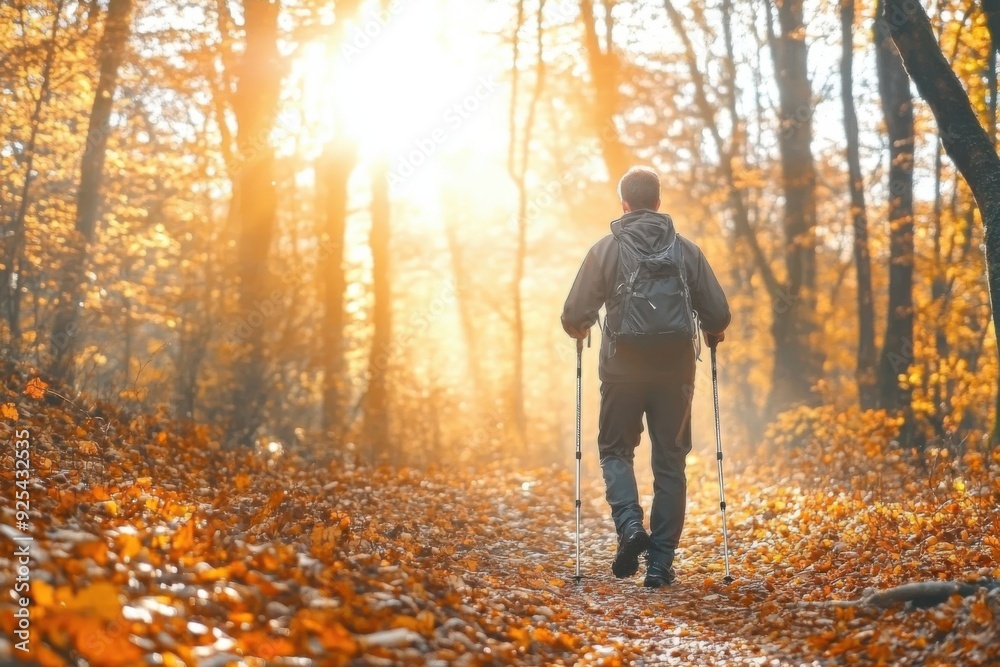 A hiker walking through an autumn forest with trekking poles in hand, bathed in warm sunlight. A hiker walking through an autumn forest with trekking poles in hand, bathed in warm sunlight.