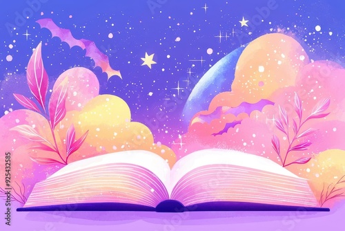 Magic spell book flat design side view Halloween theme watercolor Splitcomplementary color scheme