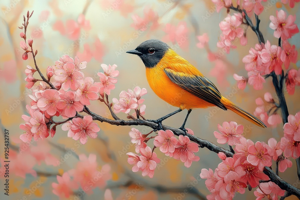 vibrant yellow bird perched on delicate cherry blossom branch soft pastel background exquisite detail japaneseinspired art style vibrant yellow bird perched on delicate cherry blossom branch soft pastel background exquisite detail japaneseinspired art style