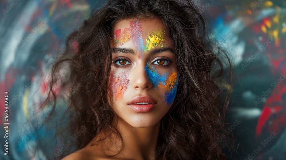 A woman with vivid, colorful face paint gazes intensely, reflecting creativity and passion, with an abstract background complementing her look. A woman with vivid, colorful face paint gazes intensely, reflecting creativity and passion, with an abstract background complementing her look.