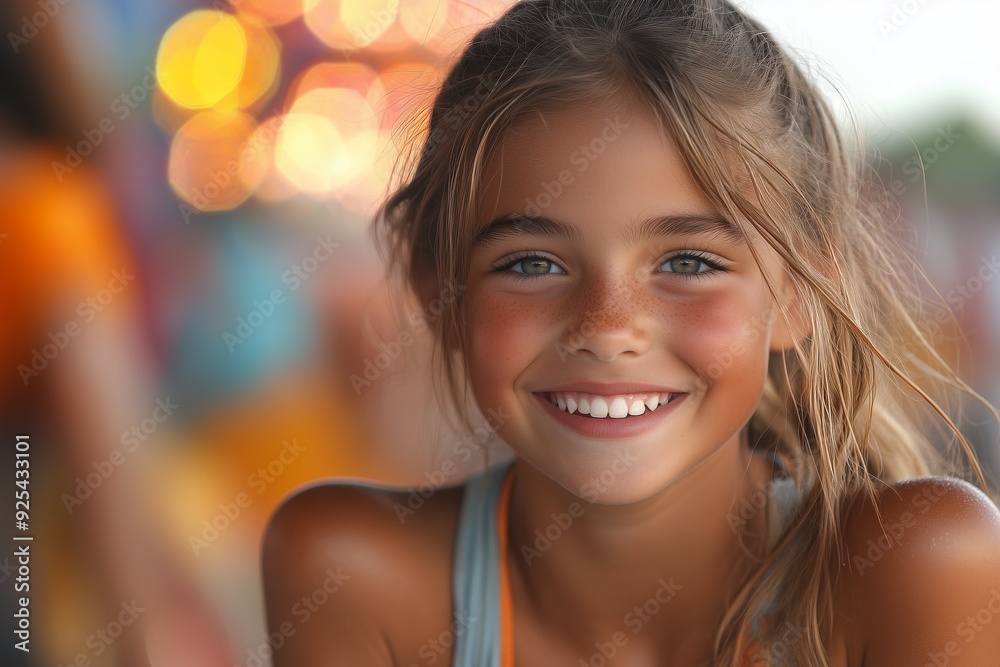 Young girl smiles brightly at a summer carnival, surrounded by colorful decorations and lights in the background Young girl smiles brightly at a summer carnival, surrounded by colorful decorations and lights in the background