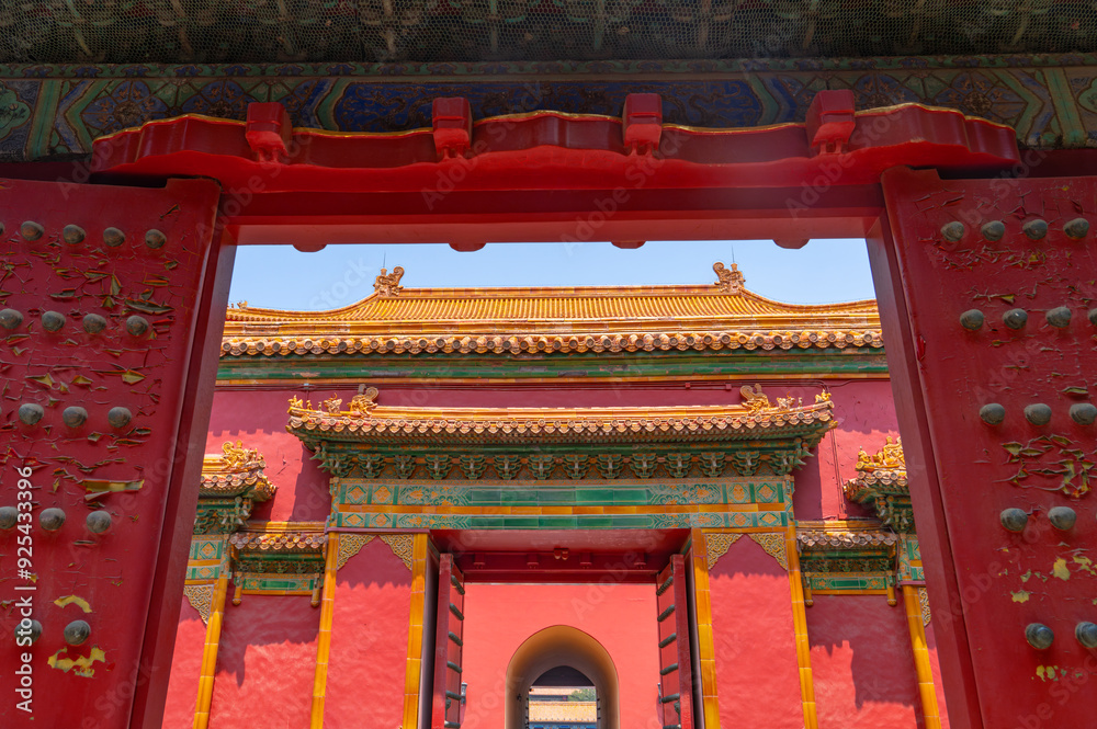 ancient Chinese architecture, building from entrance door in forbidden city in Beijing China