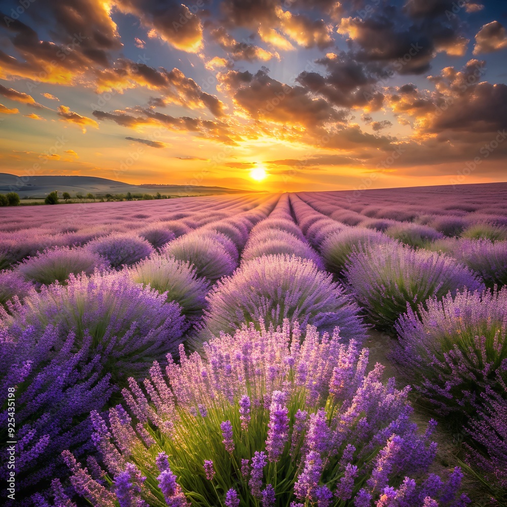 Obraz premium A field of lavender swaying in the wind under a golden sunset