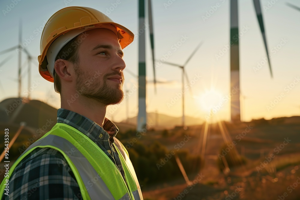Male engineer in vest and helmet standing near windmills Male engineer in vest and helmet standing near windmills