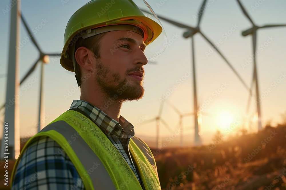 Male engineer in vest and helmet standing near windmills Male engineer in vest and helmet standing near windmills