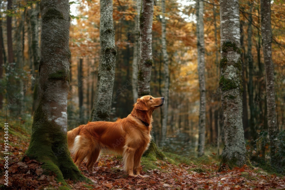 A golden retriever in a serene autumn forest surrounded by tall trees and fallen leaves. A golden retriever in a serene autumn forest surrounded by tall trees and fallen leaves.