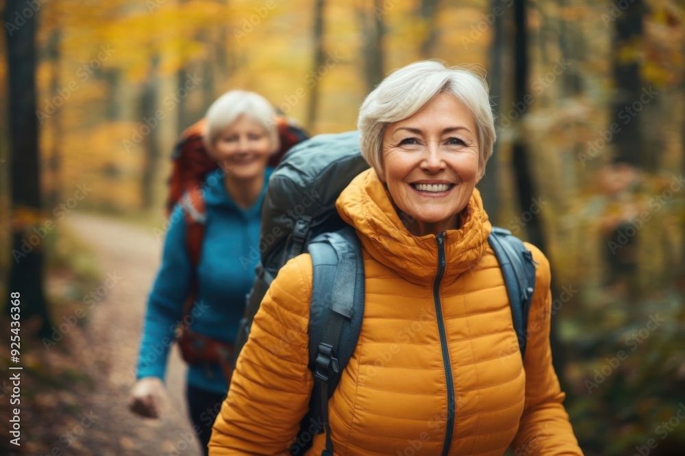 Two older women enjoying a hike through a forest in autumn, wearing backpacks and smiling. Two older women enjoying a hike through a forest in autumn, wearing backpacks and smiling.