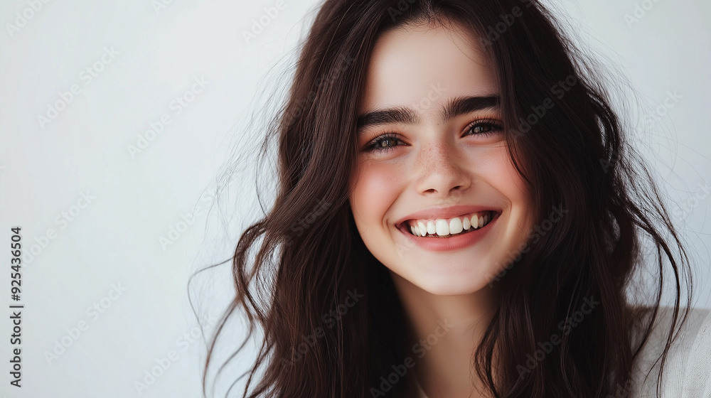 Fototapeta premium Close-up portrait of a young woman with dark hair and freckles, smiling warmly against a soft white background, highlighting her natural beauty and joyful expression.
