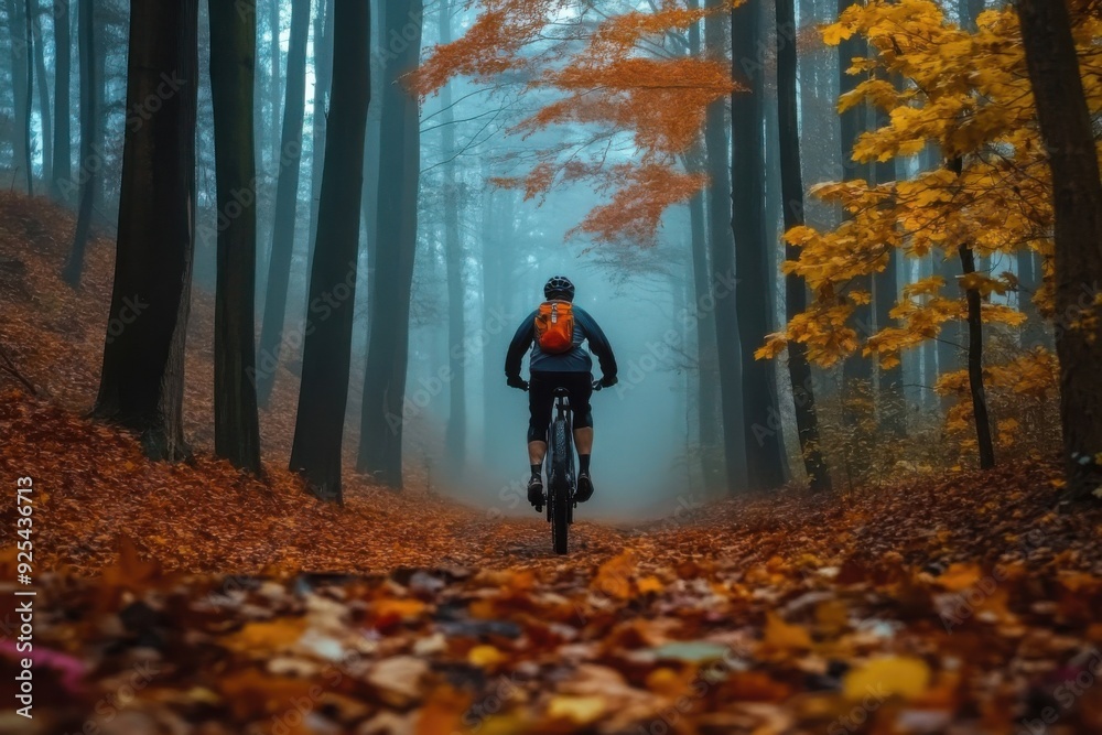 A cyclist rides through a misty autumn forest with vibrant orange leaves and tall trees, creating a serene atmosphere. A cyclist rides through a misty autumn forest with vibrant orange leaves and tall trees, creating a serene atmosphere.