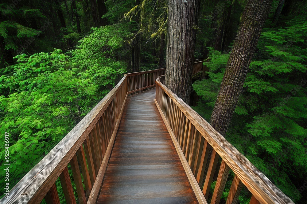 A wooden pathway winds through a dense, lush green forest, surrounded by tall trees. A wooden pathway winds through a dense, lush green forest, surrounded by tall trees.