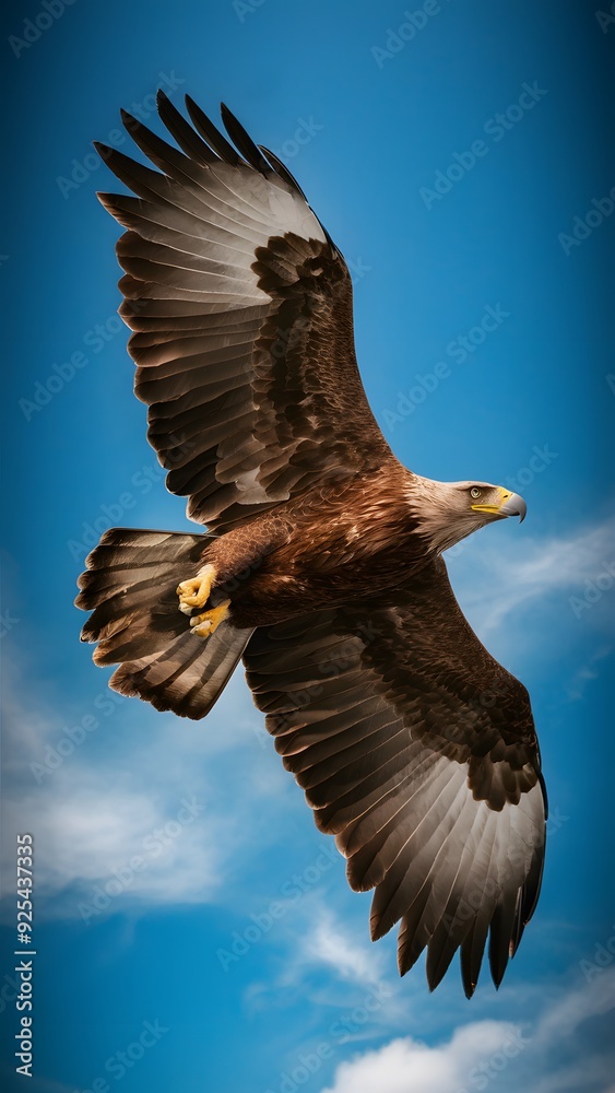 Obraz premium Round Winged Eagle Flying on Blue Sky Background, Photo Realistic, Pattern Background, Wallpaper, Cover and Screen for Smartphone, Cell Phone, Computer, Laptop