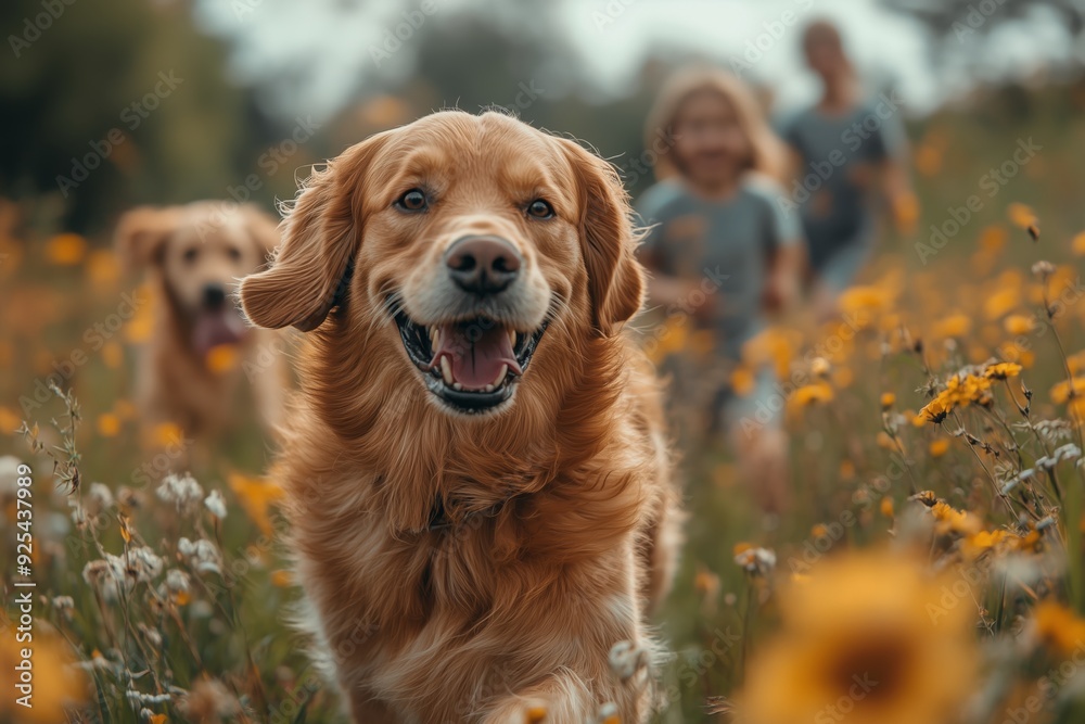 Happy golden retrievers play in a flower-filled meadow with children during a sunny day in late summer Happy golden retrievers play in a flower-filled meadow with children during a sunny day in late summer