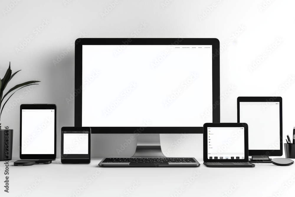 Multiple responsive screen and mobile devices mockup created with Generative AI Multiple responsive screen and mobile devices mockup created with Generative AI