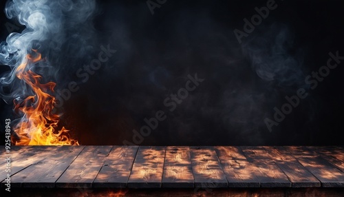 Wooden table made with natural wood planks with a concrete block wall background in a dark room, rustic environment to display artisan elements, meats or Mediterranean products. photo