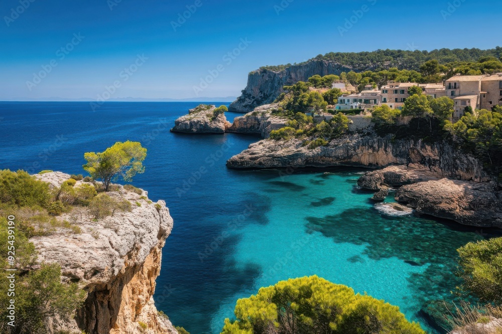 A scenic coastal view featuring cliffs, turquoise water, and houses on a sunny day.