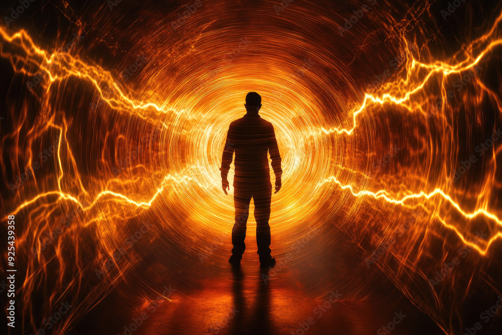 Fototapeta premium Silhouette of a Man Standing in a Fiery Electric Tunnel with Energy Surges