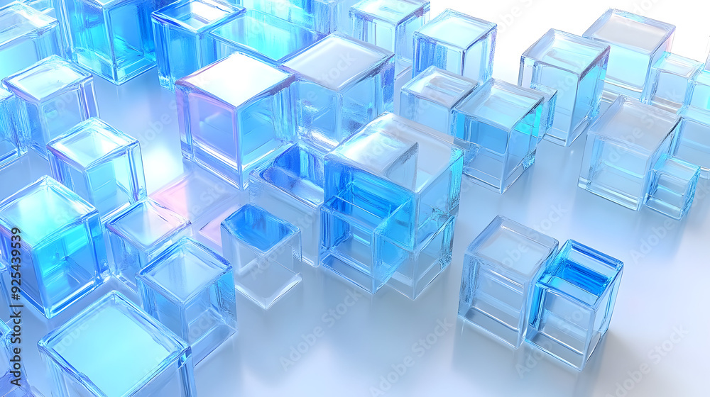 Abstract blue glass cubes scattered on a white surface. Abstract blue glass cubes scattered on a white surface.
