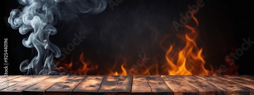 Wooden table made with natural wood planks with a concrete block wall background in a dark room, rustic environment to display artisan elements, meats or Mediterranean products. photo